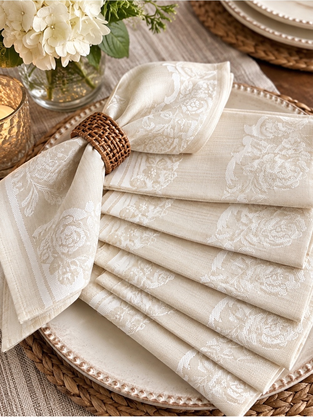 Vintage Cream Damask Floral Rose Napkins Set of 6